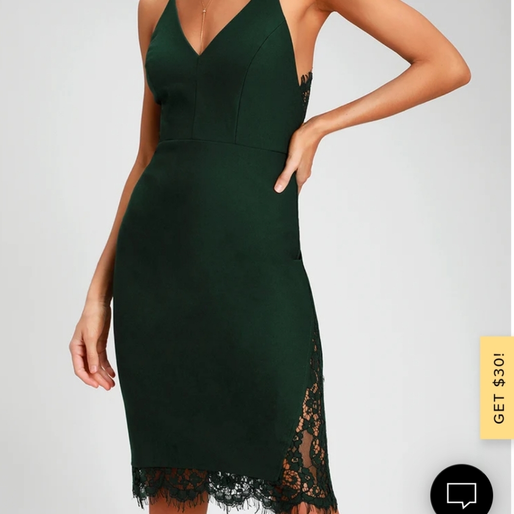 Lulu's Only Want You Forest Green Lace Bodycon Midi Dress Size XS
